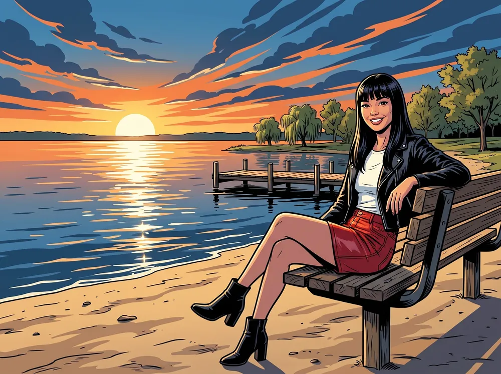 Woman on a beach bench by the lake at sunset