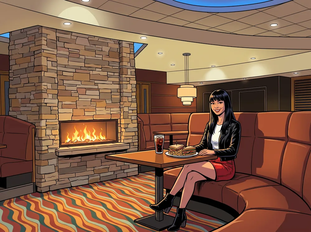 Woman in a booth by the Getaway Restaurant fireplace