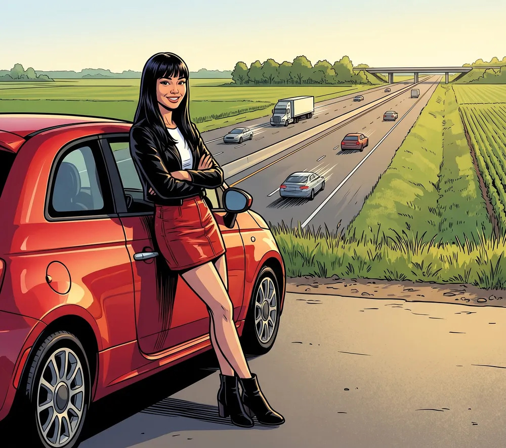 Woman leaning on a red car beside a highway