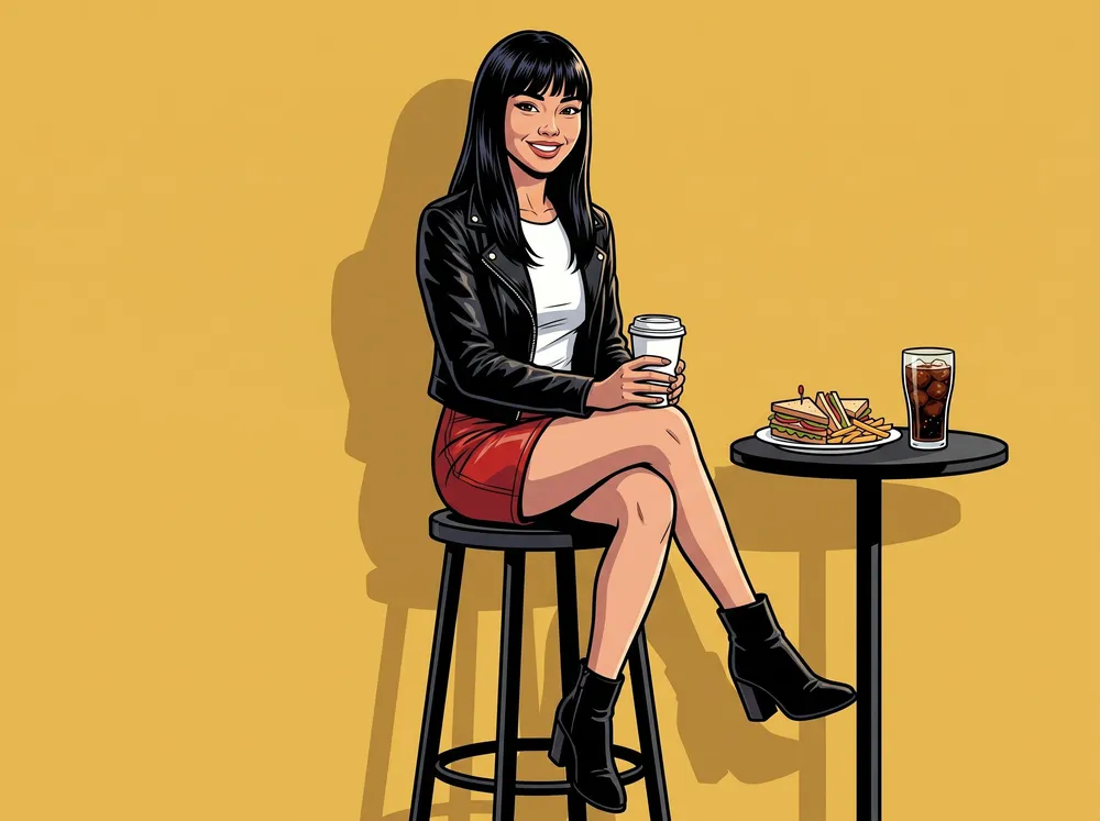 Woman with coffee and a club sandwich