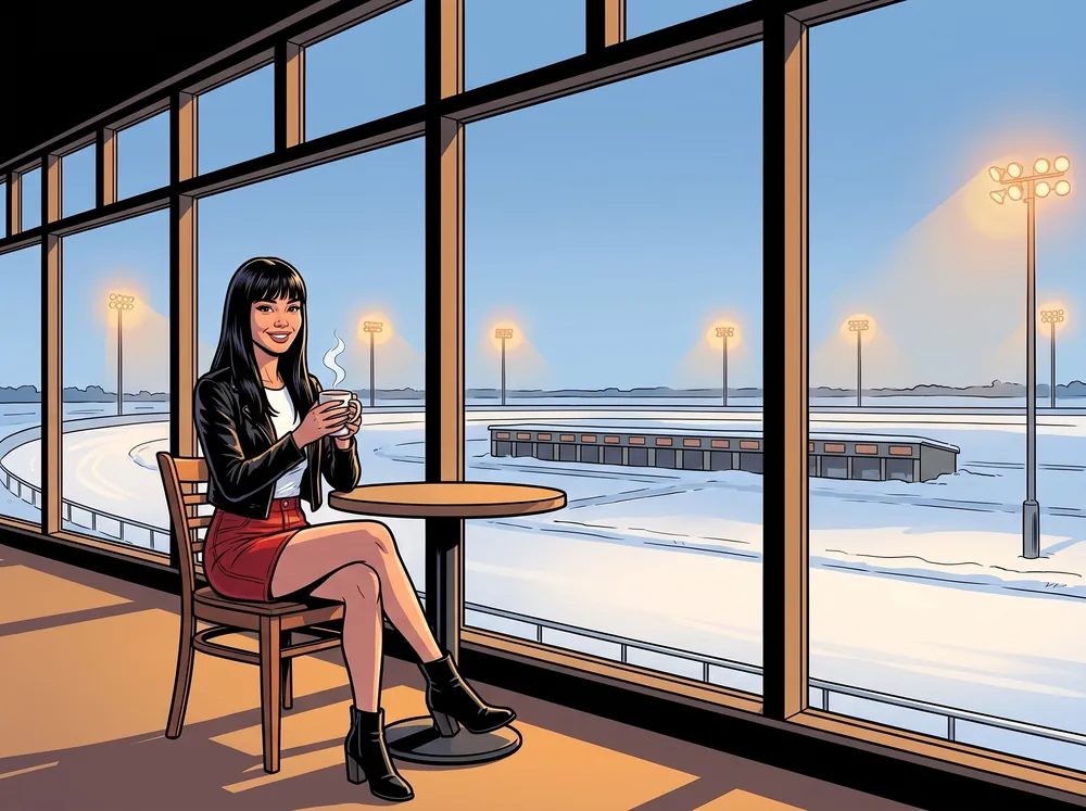 Woman at a window table above the snowy track